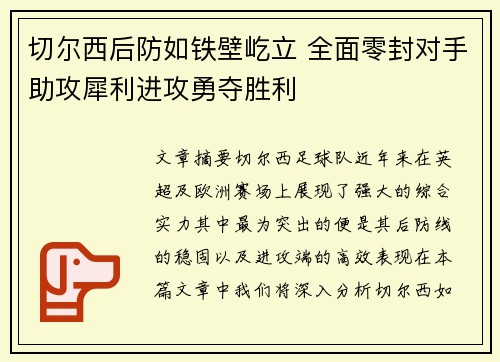 切尔西后防如铁壁屹立 全面零封对手助攻犀利进攻勇夺胜利