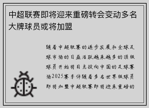 中超联赛即将迎来重磅转会变动多名大牌球员或将加盟 中超联赛即将迎来重磅转会变动多名大牌球员或将加盟
