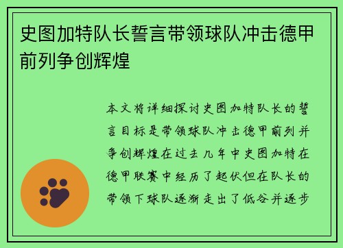史图加特队长誓言带领球队冲击德甲前列争创辉煌