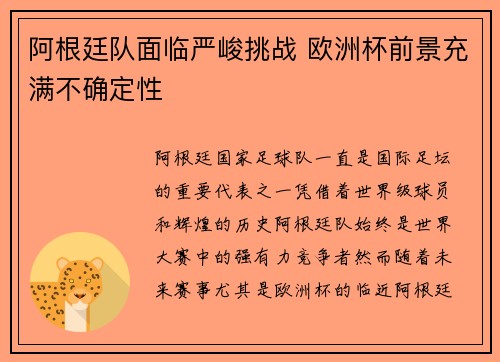 阿根廷队面临严峻挑战 欧洲杯前景充满不确定性