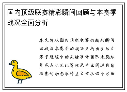 国内顶级联赛精彩瞬间回顾与本赛季战况全面分析